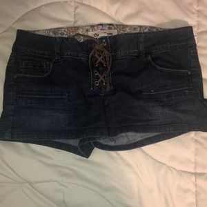 Blue shorts. Brown ribbon for tightening if needed